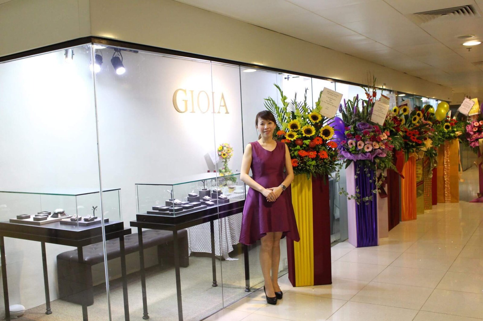 Cheryl Woon outside the GIOIA Fine Jewellery boutique at its opening, International Plaza Singapore