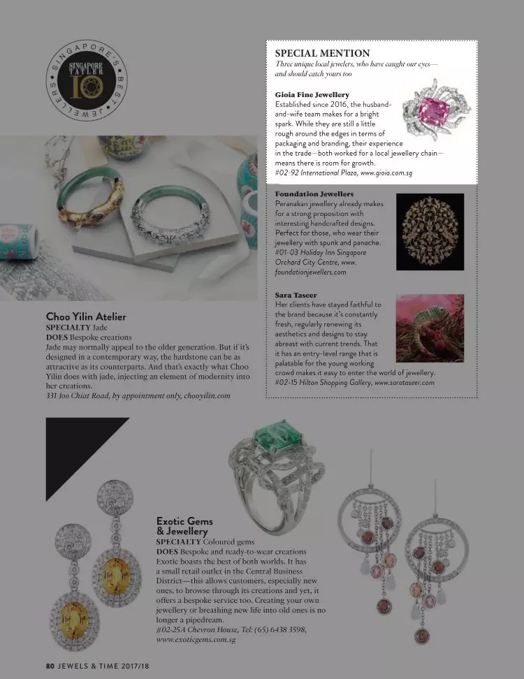 Tatler Top 10 Local Singapore Jeweler | Customised fine Jewellery - GIOIA Fine Jewellery Tatler Top 10 Local Singapore Jeweler | Customised fine Jewellery - GIOIA Fine Jewellery 2018