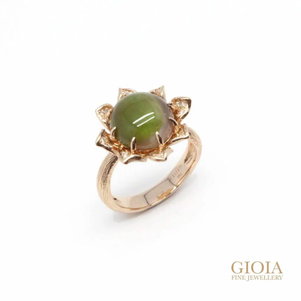 Bicolour tourmaline cats eye ring designed with floral inspiration unique look at GIOIA.