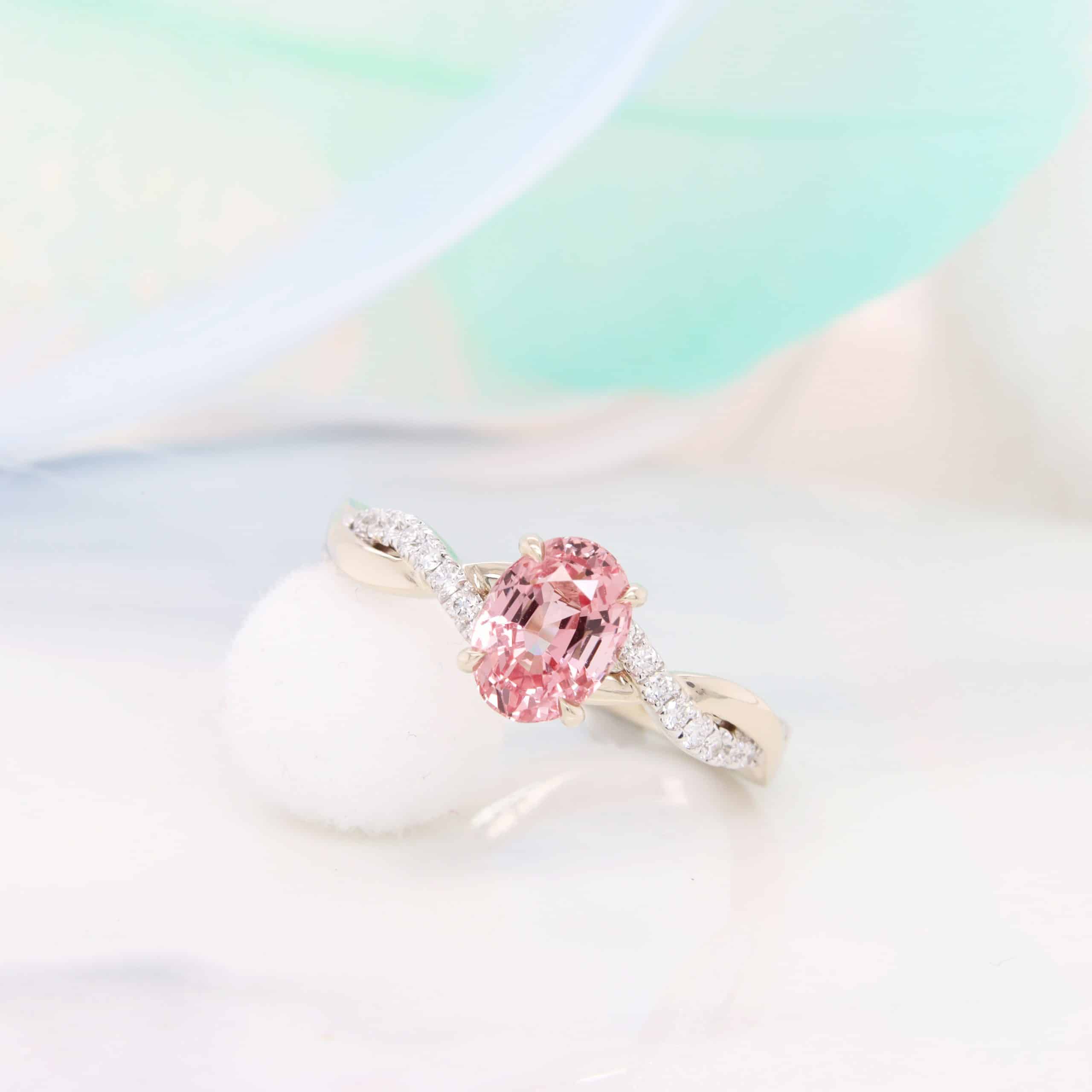 Sapphire Engagement Ring with padparadscha orangy-pink sapphire gemstone
