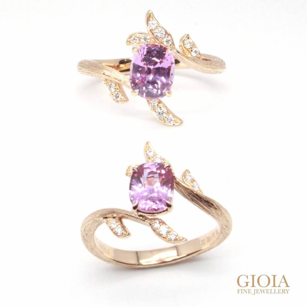 Pink Sapphire Engagement Wedding Ring - Unique leaves design - customised wedding ring with coloured gemstone