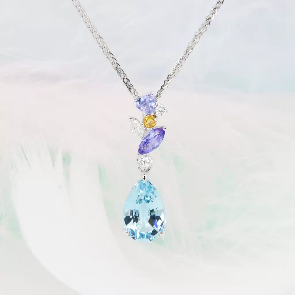 Aquamarine and cluster gemstone Personalised Pendant Jewellery with family Birthstone jewellery