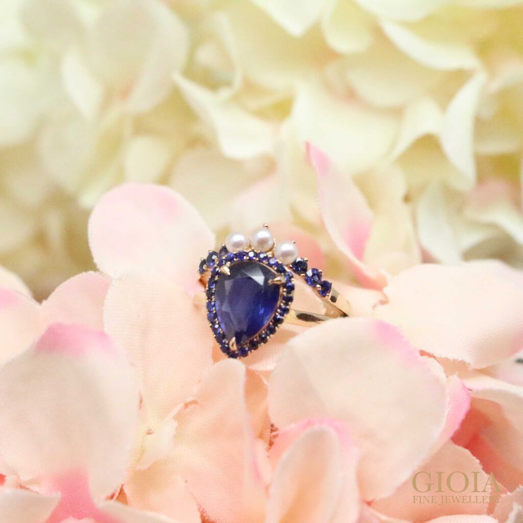 custom made wedding engagement ring with blue sapphire and pearls. Local Singapore Trusted Customised Jeweller