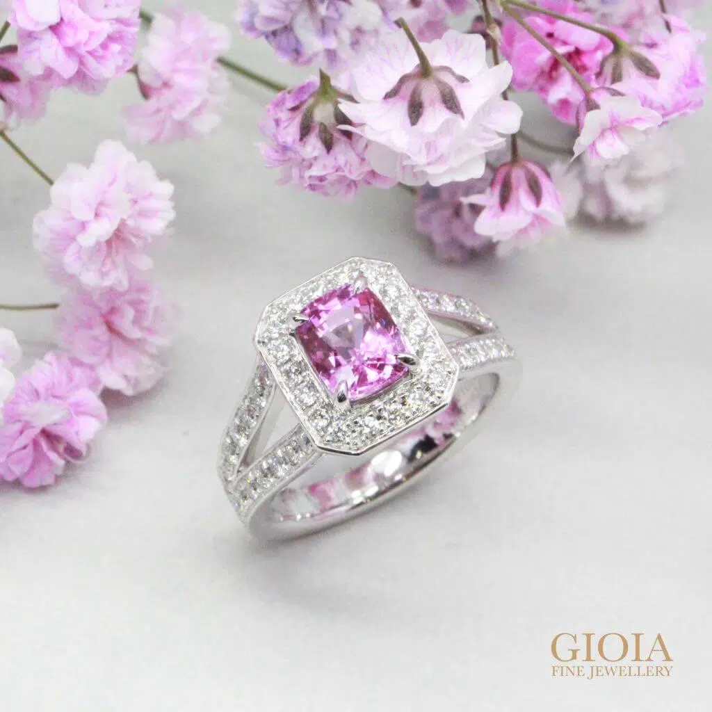 Pink Sapphire Engagement Ring Halo Pave Ring - Surrounded with round brilliance diamond and custom set in PT950 Platinum gold | Local trusted bespoke Jeweler