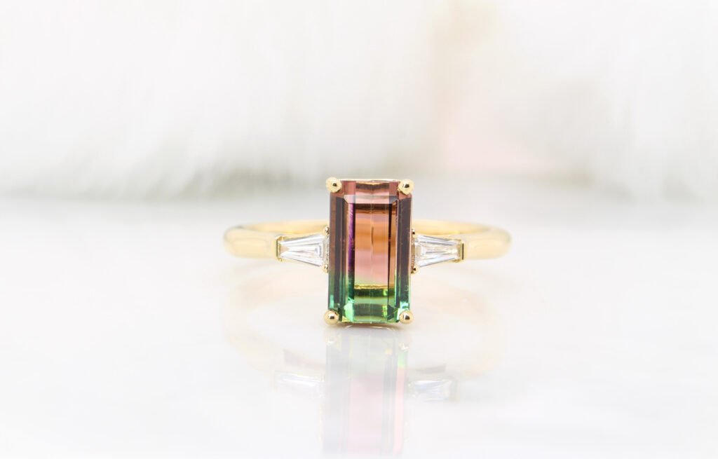 Bicolour tourmaline ring with tapered fancy-cut diamonds in a yellow gold band, GIOIA bespoke Singapore