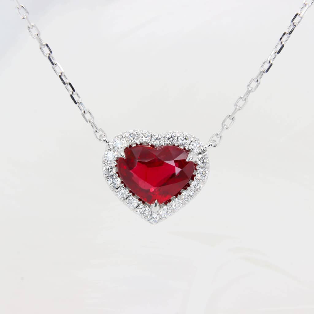 Pigeon Blood Ruby Pendant necklace with heart shaped gemstone halo diamond 
