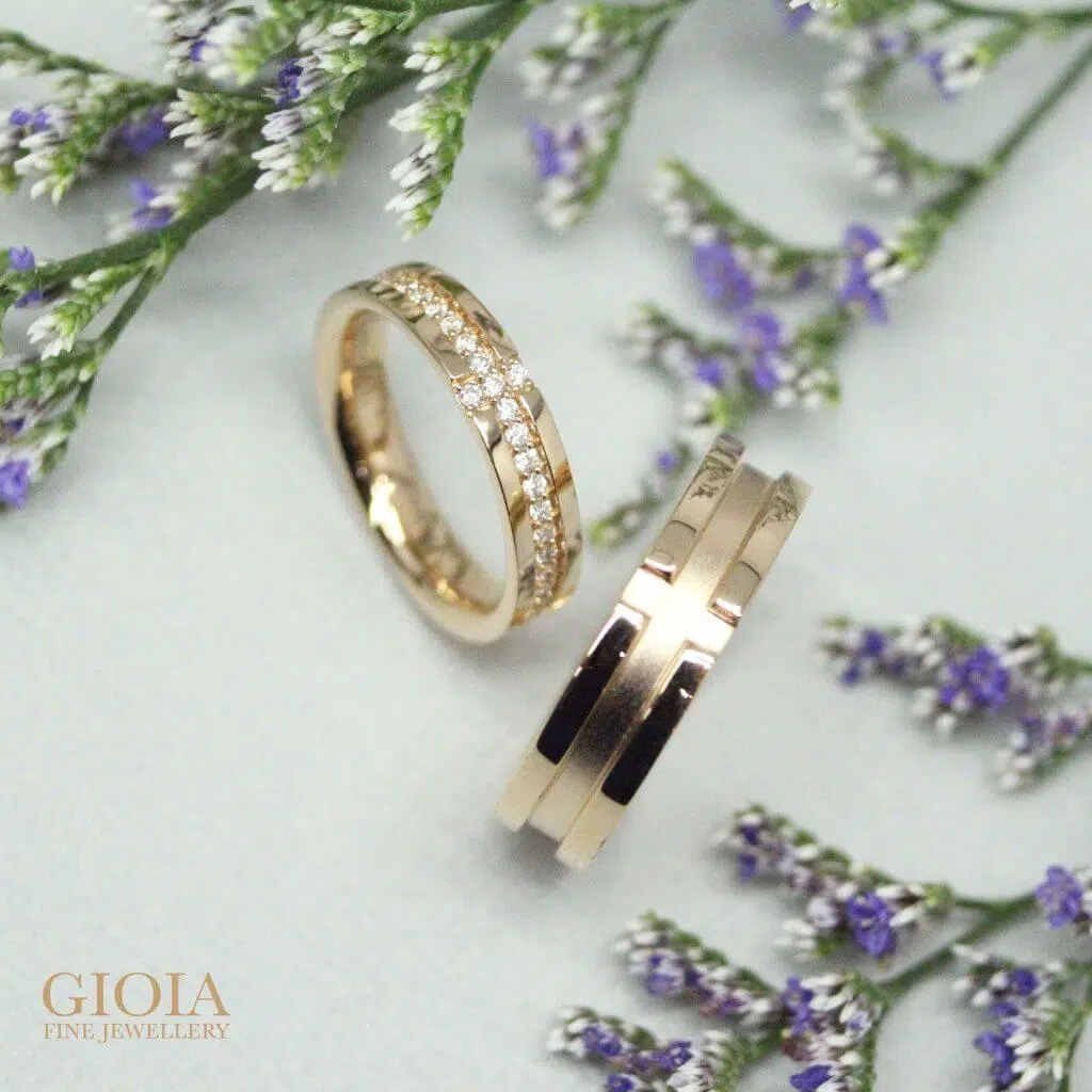 Rosegold Cross Wedding Bands, with round brilliant diamonds. handcrafted in 18k gold | Local Singapore Customised Jeweller in Wedding Bands