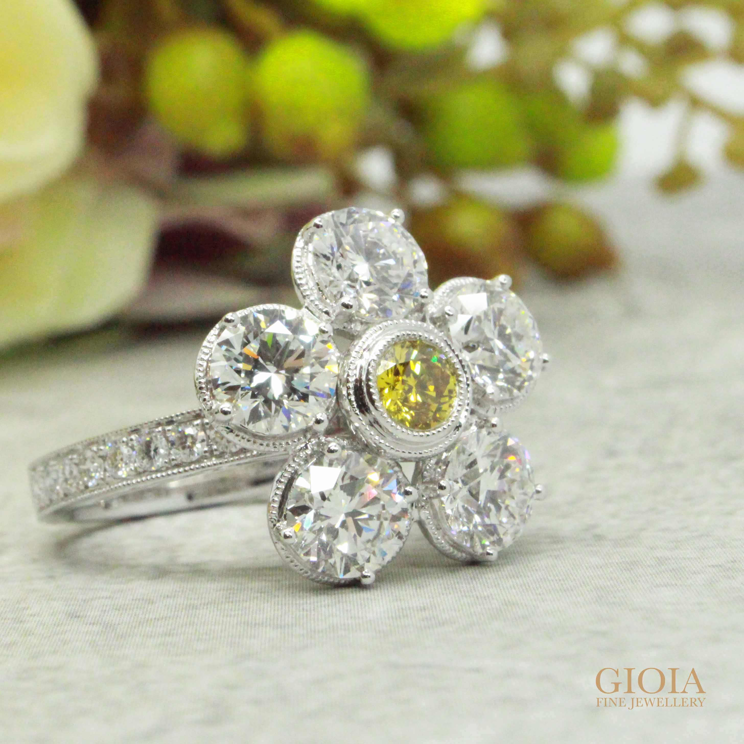 Yellow diamond with round brilliant diamonds - customised proposal ring with flora design | Local Singapore custom made Jeweller