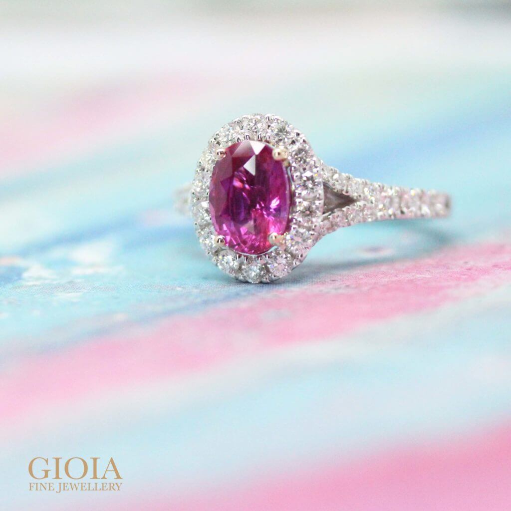 Natural vivid pink sapphire coloured gemstone, customised wedding ring | Local Singapore Bespoke Jeweller