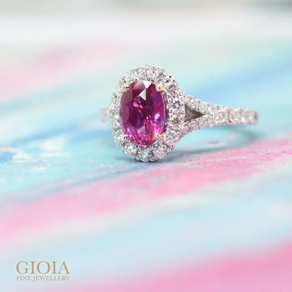Natural vivid pink sapphire coloured gemstone, customised wedding ring | Local Singapore Bespoke Jeweller Natural vivid pink sapphire coloured gemstone, customised wedding ring | Local Singapore Bespoke Jeweller