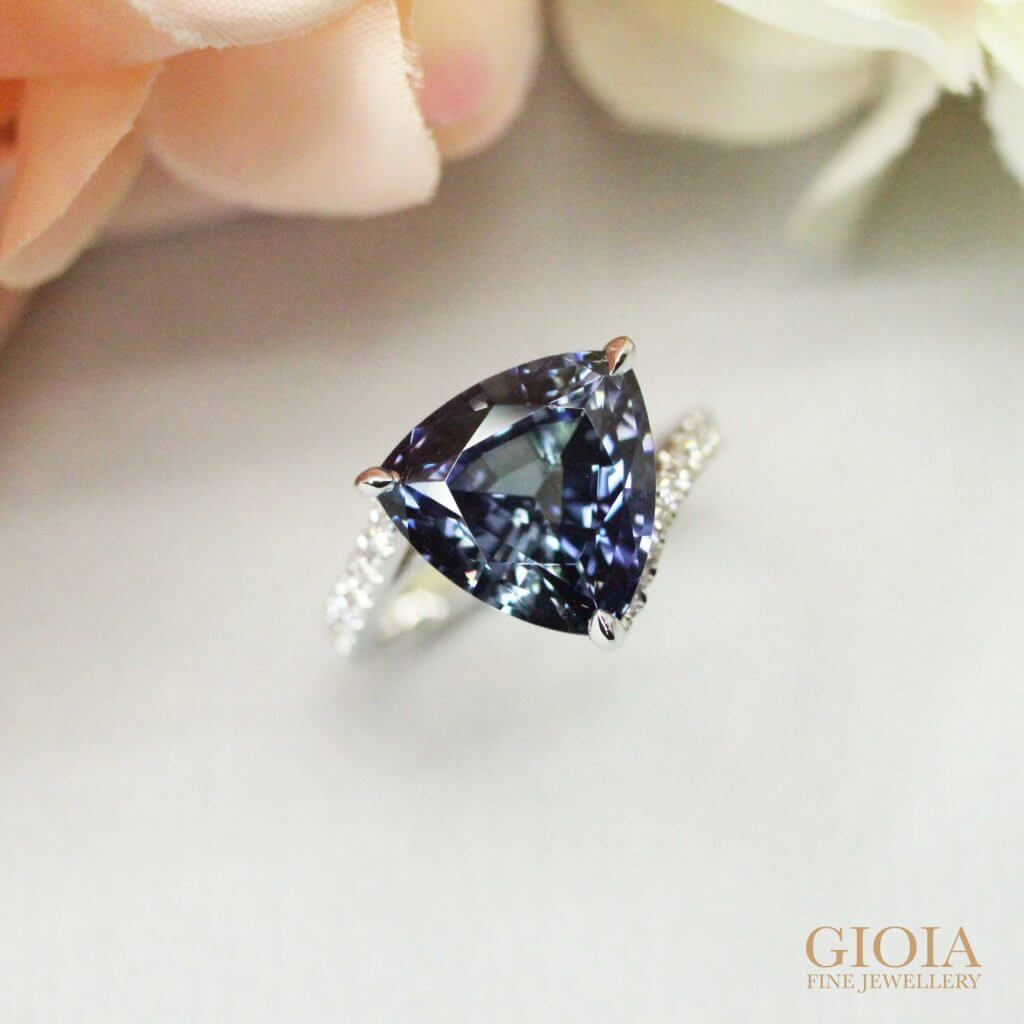 Unheated Tanzanite trilliant Gemstone custom set with diamond band Engagement Ring - Customised wedding proposal ring at GIOIA Fine Jewellery - Custom made designer Jeweller in Singapore with online boutique shop 
