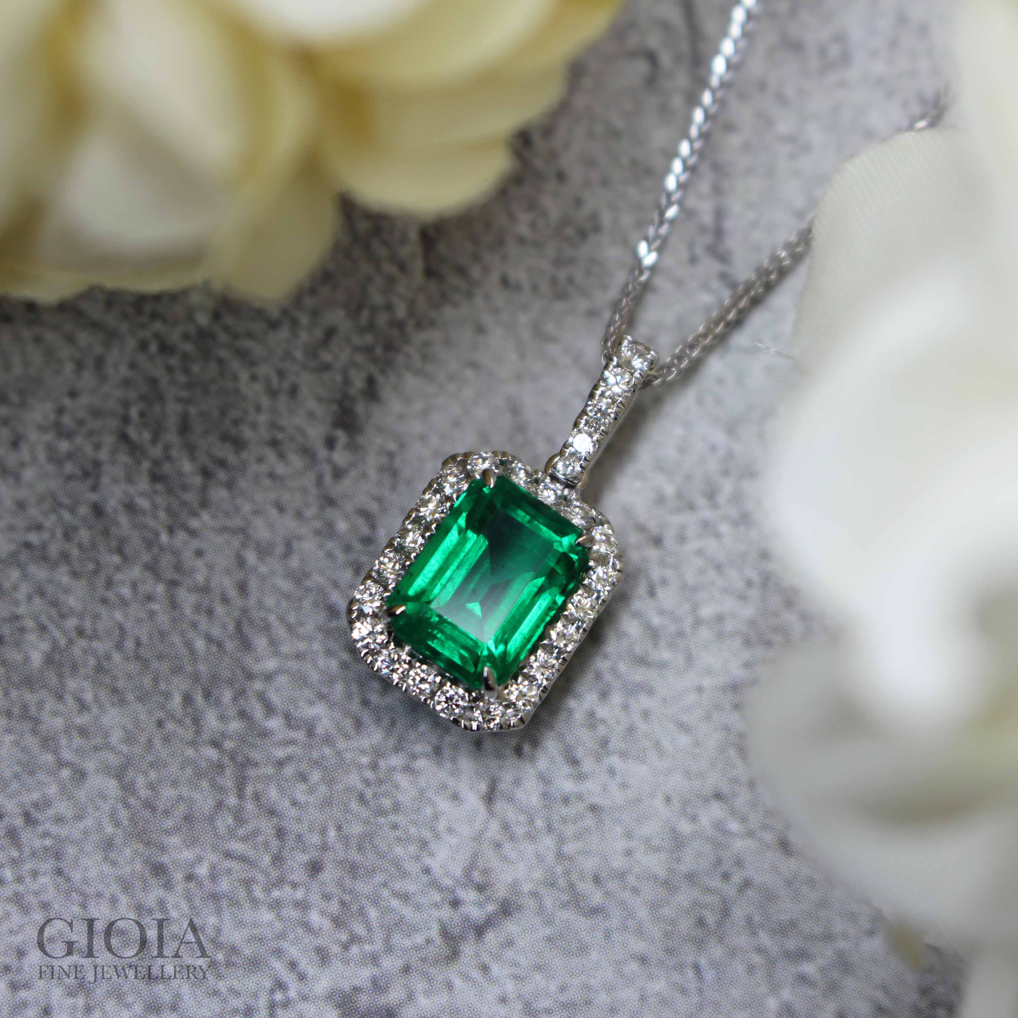 Untreated No Oil Emerald Gemstone Pendant Customised with Halo Round Diamonds - Customised Fine Jewellery at GIOIA Fine Jewellery, with quality vivid no oil (non treated) emerald gemstone | Local Singapore Private Jewellery in bespoke customised Jewellery