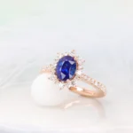 Royal Blue Sapphire Engagement Ring Halo Diamond in Rose Gold in Singapore