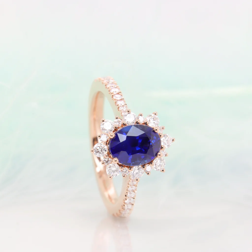 Royal Blue Sapphire Engagement Ring with Halo Diamond Rose Gold gemstone engagement ring design in singapore. 
