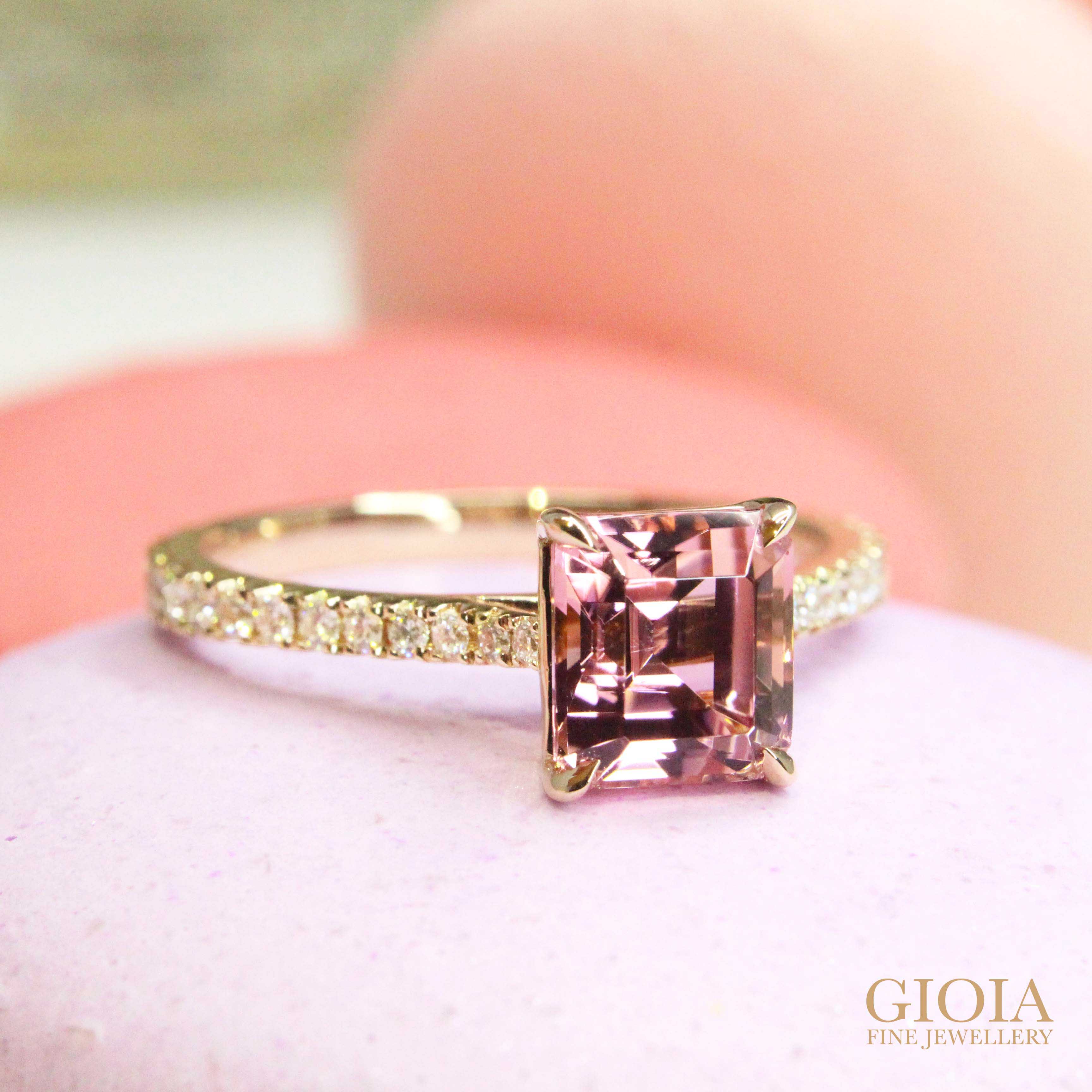Customised pink tourmaline proposal ring, customised with coloured gemstone and round brilliance diamond | Local Singapore bespoke customised Jeweller