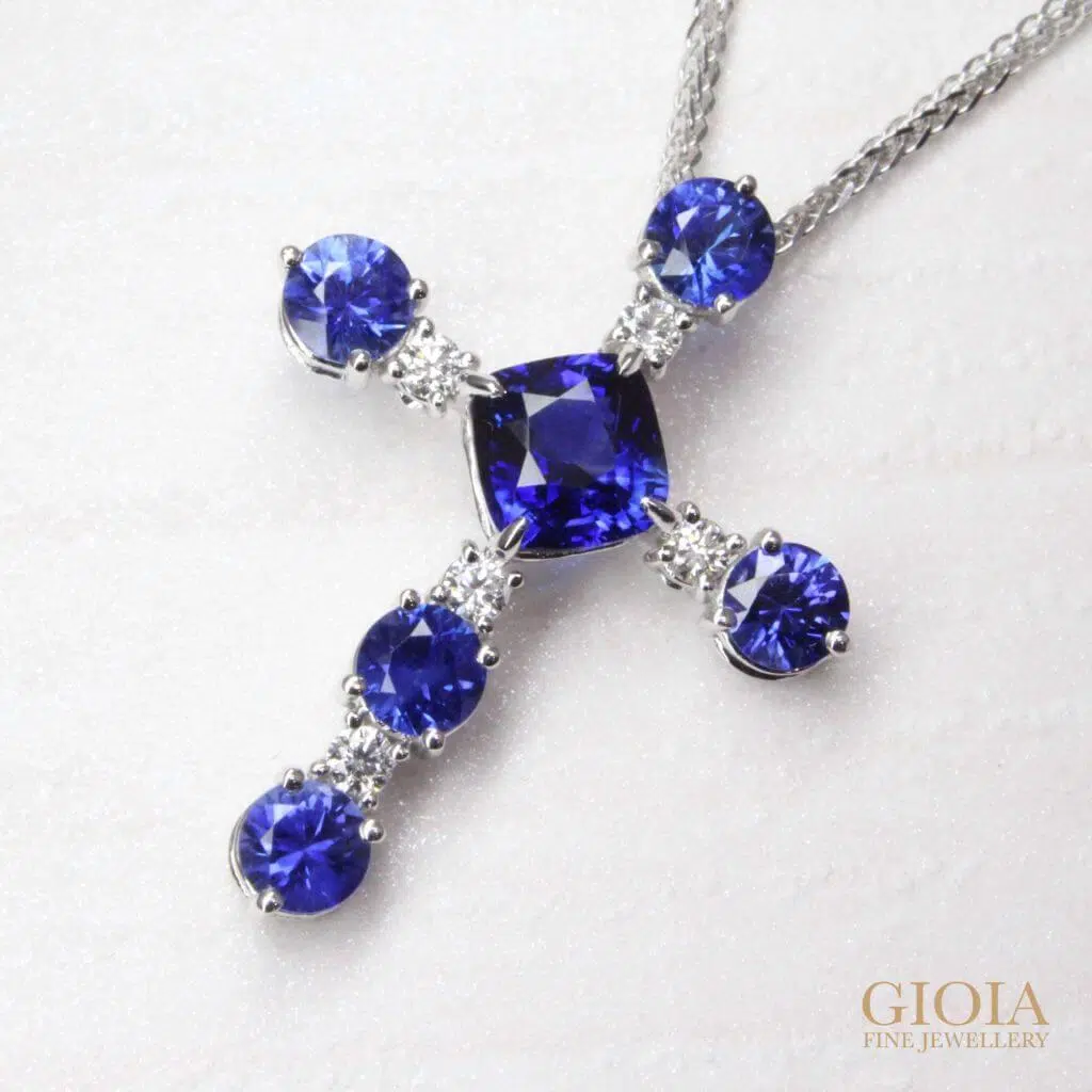 Blue Sapphire cross pendant, customised unheated blue sapphire coloured gemstone with round sapphire gemstones, Customised as a unique gift | Local Singapore Customised jewellery cross pendant