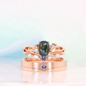 Wedding Ring Teal Sapphire with stackable wedding bands