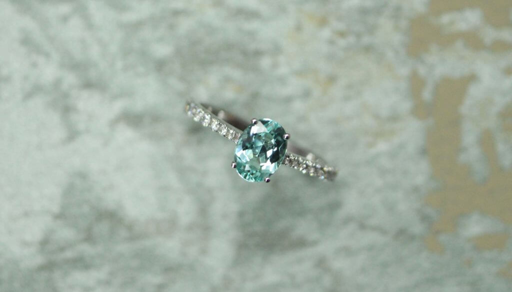 Paraiba Tourmaline Engagement Ring customised for wedding proposal, bluish green and greenish blue neon coloured paraiba tourmaline gemstone from Brazil and Mozambique | Local Singapore Private Jewellery in custom made wedding jewellery and engagement ring 