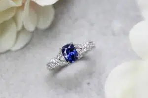 Eiffel Tower Blue Sapphire Engagement Ring - customised to eiffel tower on the band of the engagement ring with blue sapphire | Local Singapore Private Jeweller in customised wedding jewellery