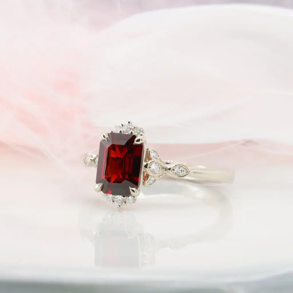 Red Spinel Ring Vintage Inspired Design with Halo Diamond Champagne Gold