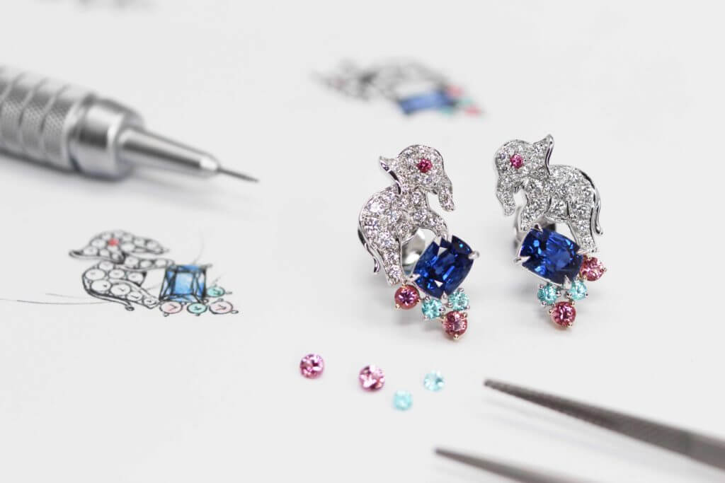 Customised Elephant Earring with Blue Sapphire unheat, Paraiba Tourmaline and Spinel gemstone, round diamond | Customised Fine Jewellery in unique natural animals and precious gemstone - Local Singapore Bespoke Customised Jewellery in Fine Jewellery