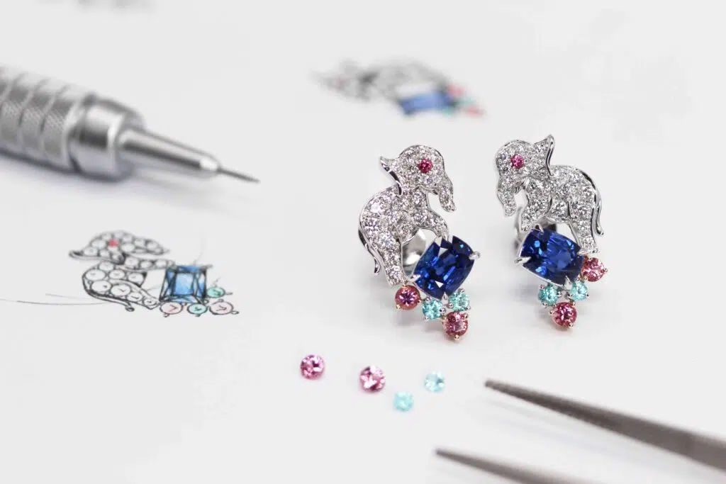 Sapphire Royal Blue Fine Jewellery Elephant Earring GIOIA Fine Jewellery - Customised Elephant Earring with Blue Sapphire unheat, Paraiba Tourmaline and Spinel gemstone, round diamond | Customised Fine Jewellery in unique natural animals and precious gemstone - Local Singapore Bespoke Customised Jewellery in Fine Jewellery