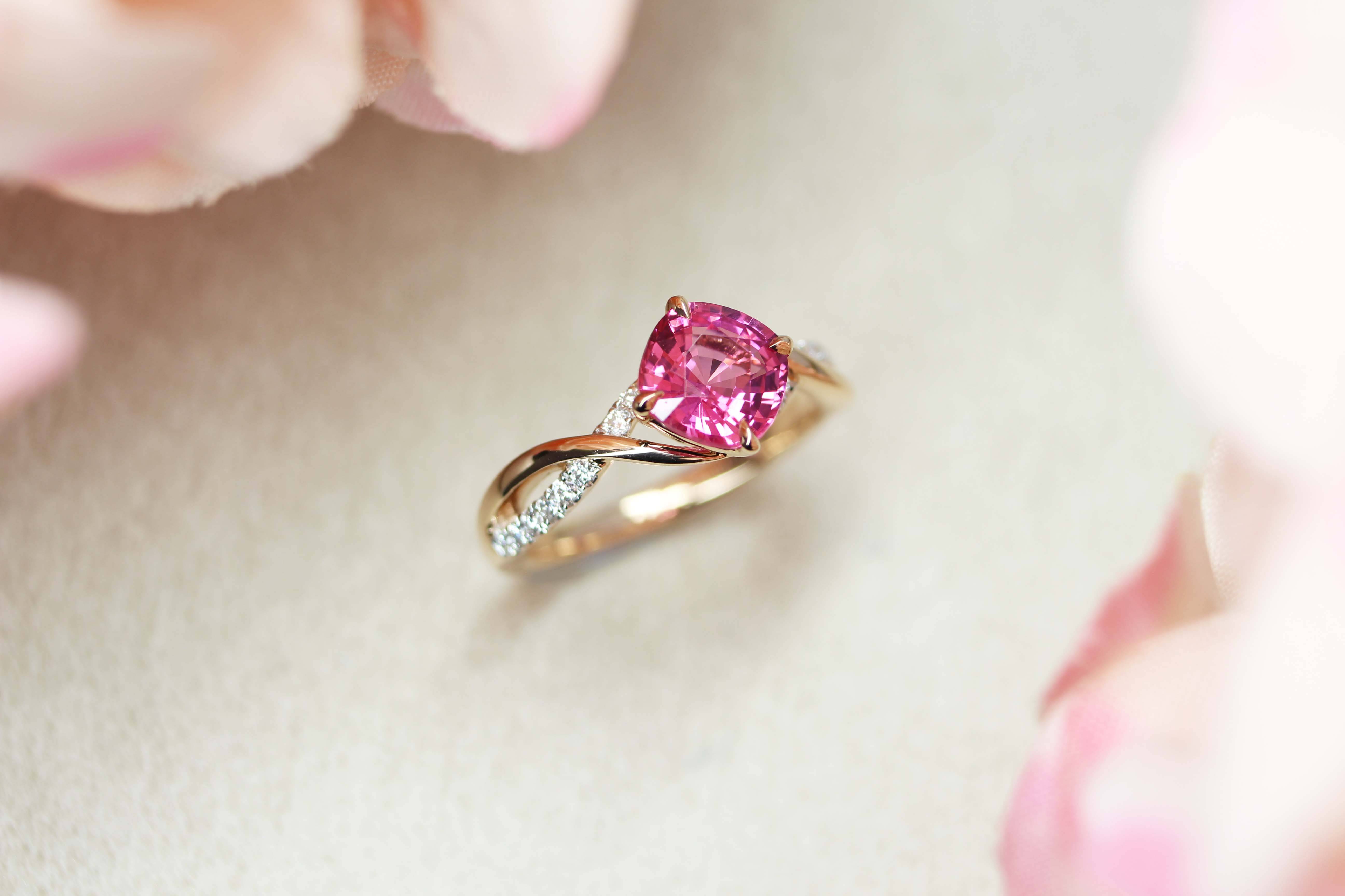 Customised Pink coloured gemstone Spinel Proposal Ring, customised a unique ring for wedding proposal - vivid Pink coloured Spinel gemstone customised for the couple | Local Singapore Jeweller in custom made wedding jewellery.