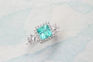 Princess Cut Paraiba Ring - Paraiba Tourmaline coloured gemstone customised with Marquise Diamond Ring | Local singapore Jeweller in customised paraiba tourmaline gemstone jewellery
