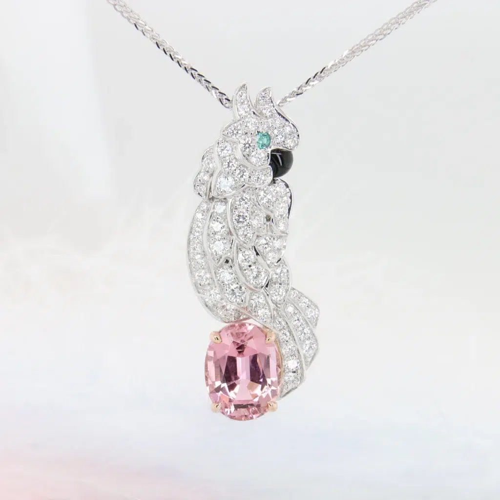 Pink Tourmaline Parrot Fine Jewellery Pendant Bird Motif Jewellery