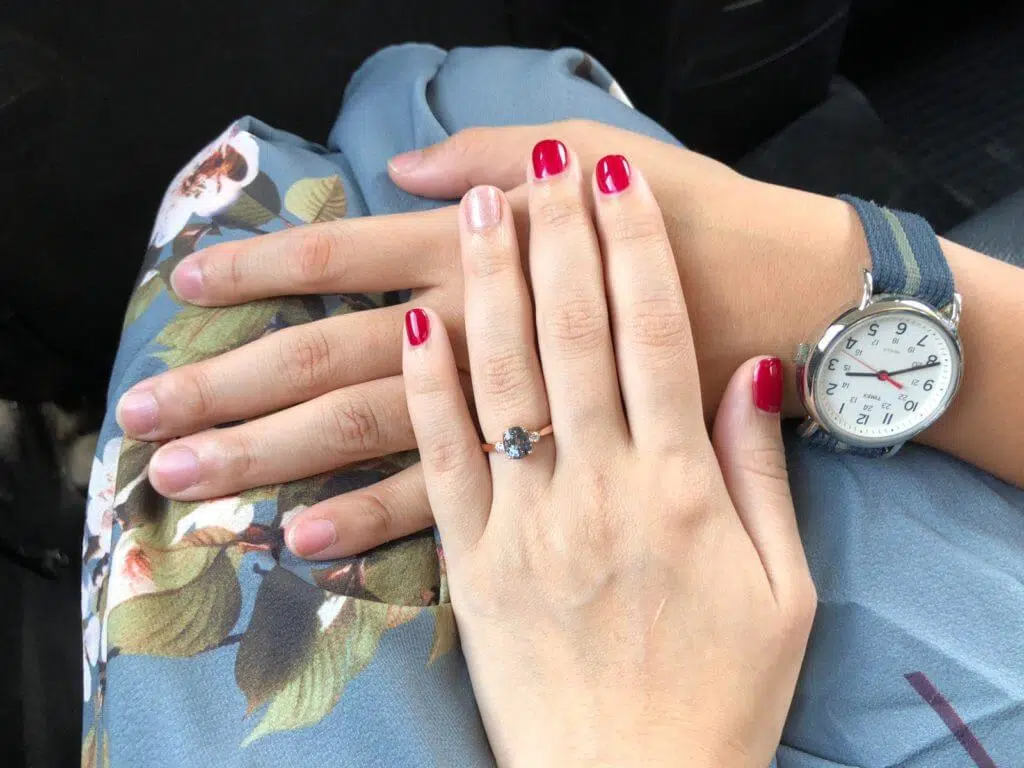 Customised Purplish Grey Spinel, coloured gemstone engagement ring - Custom made design for the couple for a unique proposal with purplish grey spinel coloured gemstone | Local Singapore bespoke jeweller in wedding jewellery - Customised Jeweller