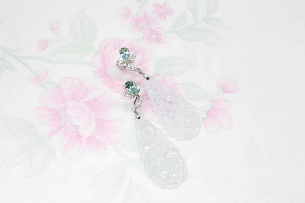 Green Tourmaline Gemstone with Jade Dangle Earring dressing up for Chinese New Year celebration - Customised Chinese Oriental jewellery for Chinese New Year celebration | Local Singapore customised with gemstone and jade