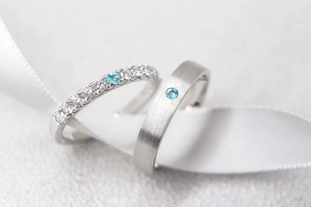 Brazil Paraiba tourmaline wedding band set, diamond-set women band and brushed matt men band, GIOIA bespoke Singapore