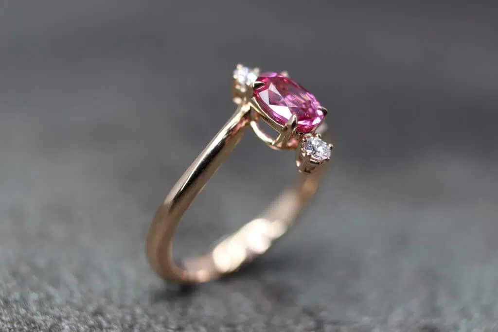 Pink Spinel Gemstone design from sketch and set with round brilliant diamond. Customised in rose gold 18k Engagement Ring for the wedding | Customised Jewellery for wedding proposal and wedding engagement ring in Singapore