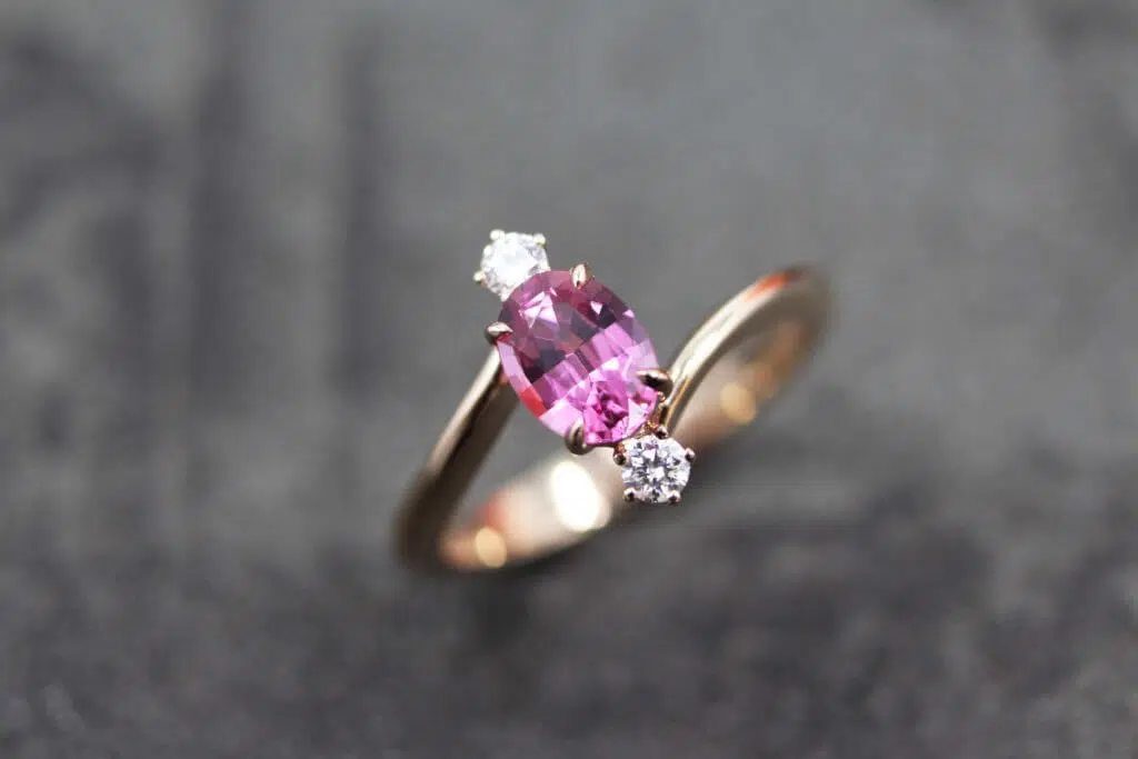 Pink Spinel Gemstone design from sketch and set with round brilliant diamond. Customised in rose gold 18k Engagement Ring for the wedding | Customised Jewellery for wedding proposal and wedding engagement ring in Singapore