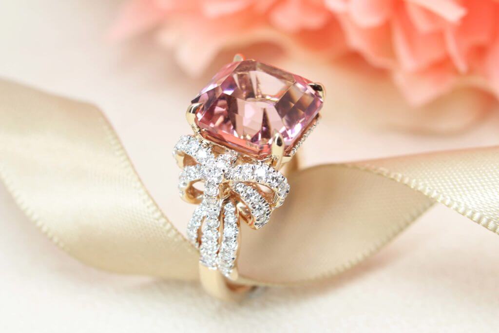 Pink Tourmaline Gemstone in unique Asscher Shape customised in (750) 18k rose gold Unique Ribbon Ring with round brilliant diamonds - Private Jeweller in Singapore on bespoke fine jewellery design