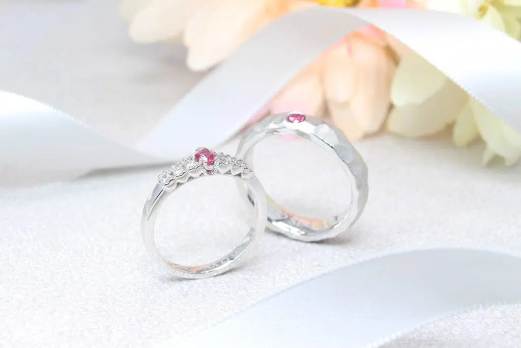 Bespoke platinum wedding bands with hot pink spinel and pave diamond — GIOIA Fine Jewellery Singapore