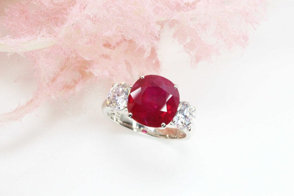 Burma Pigeon Blood Ruby, coloured gemstone; Customised in a trilogy, set with round brilliant diamonds. Heirloom fine jewellery with rare Burma ruby to keep for generations to come | Local Singapore private Jeweller in rare coloured gemstone