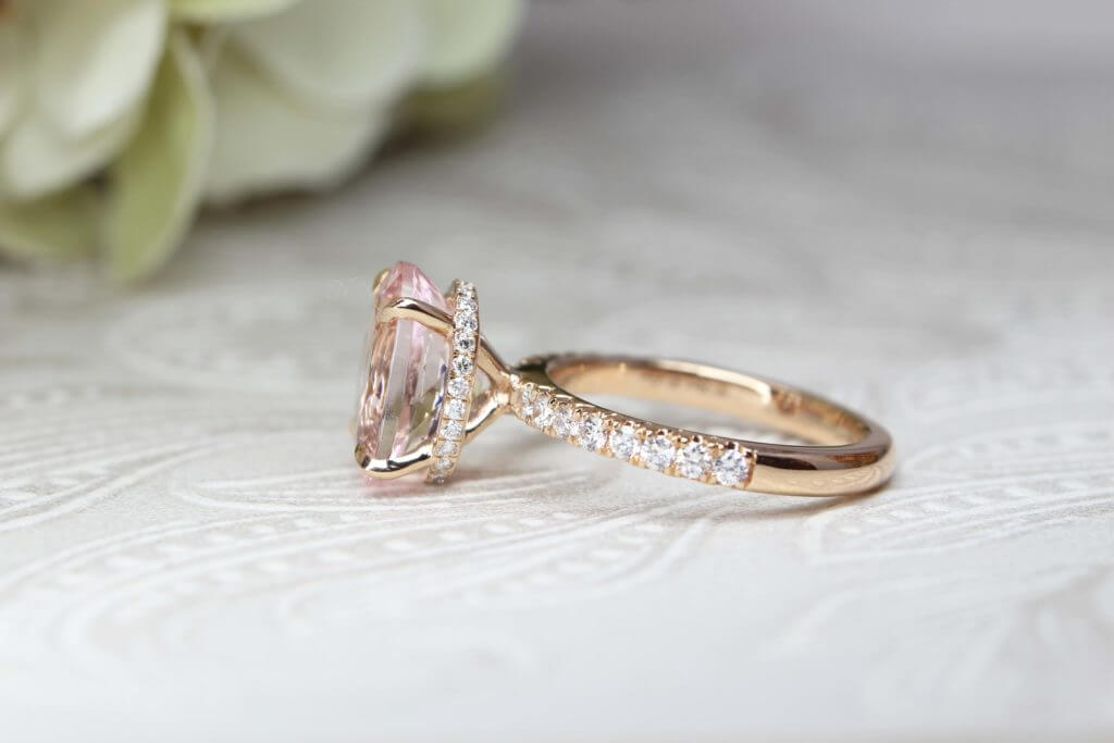 morganite gemstone, morganite, customised jewellery, wedding ring, halo diamond ring,
