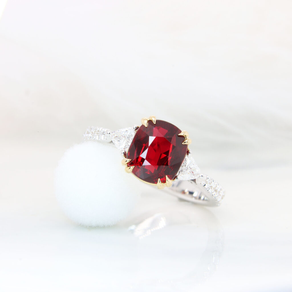 Mozambique Ruby Ring - Pigeon Blood colour custom jewelry with side diamond jewellery