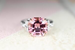 Asscher Pink Tourmaline - Customised ring custom set in asscher cut shape pink tourmaline gemstone set with rose gold band and round brilliant diamonds | Local Singapore Jeweller in customised jewellery and natural coloured gemstone.