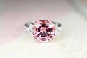 Asscher Pink Tourmaline - Customised ring custom set in asscher cut shape pink tourmaline gemstone set with rose gold band and round brilliant diamonds | Local Singapore Jeweller in customised jewellery and natural coloured gemstone.