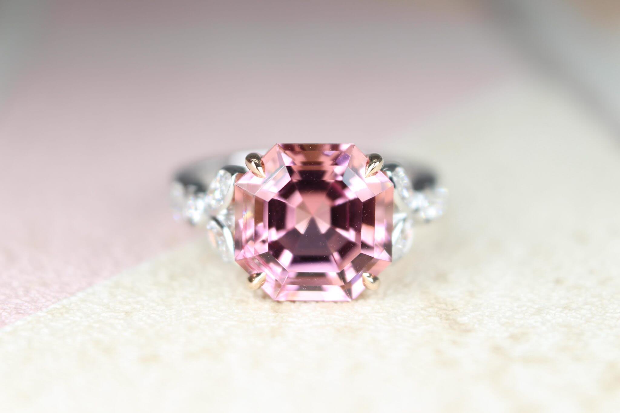 Customised ring custom set in asscher cut shape pink tourmaline gemstone set with rose gold band and round brilliant diamonds | Local Singapore Jeweller in customised jewellery and natural coloured gemstone.