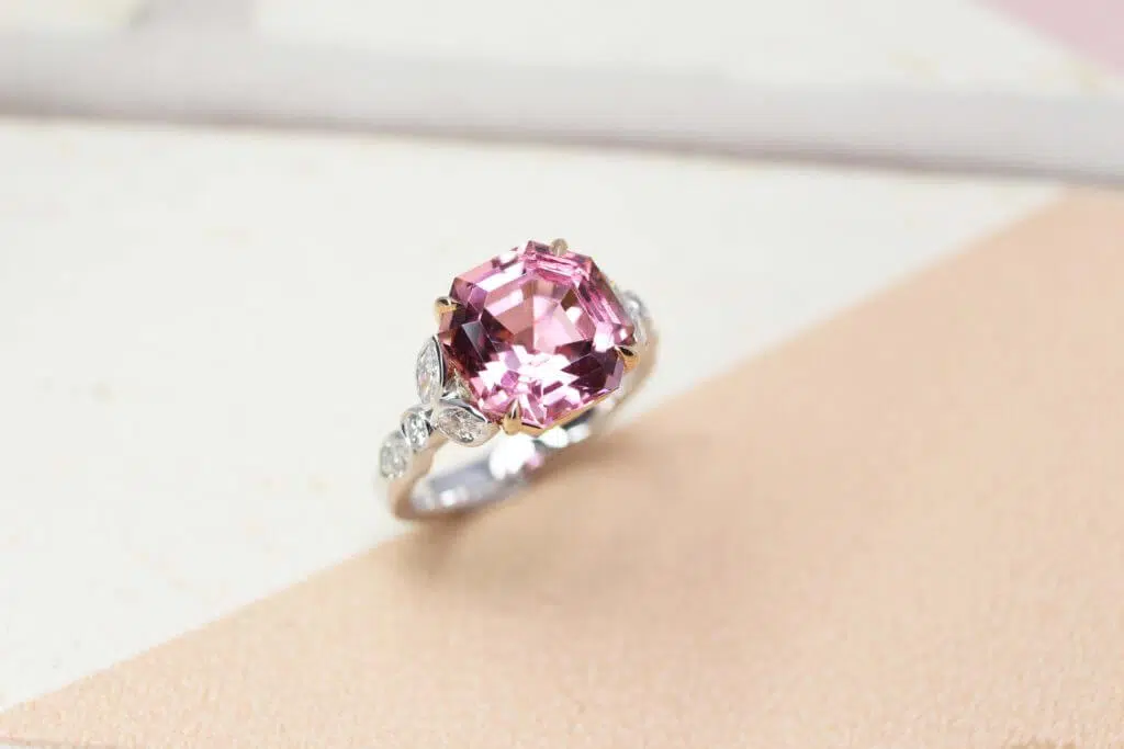 Asscher Pink Tourmaline - Customised ring custom set in asscher cut shape pink tourmaline gemstone set with rose gold band and round brilliant diamonds | Local Singapore Jeweller in customised jewellery and natural coloured gemstone.