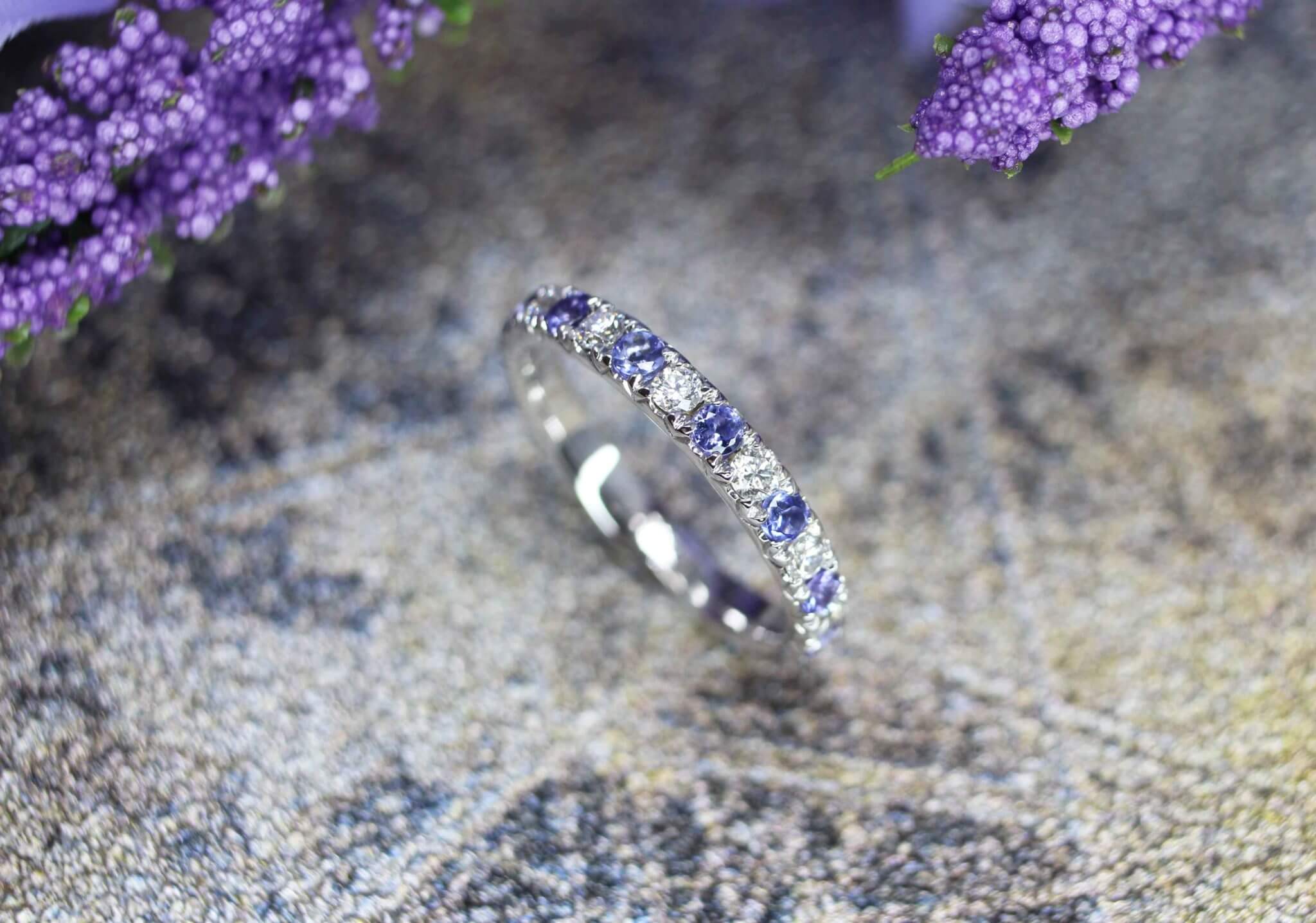Tanzanite Gemstone with bluish violet colour shade customised with Diamond Eternity bands, requested by the mother to custom made with her daughter's birthstone tanzanite in December | Local Singapore customised jewellery in bespoke jewellery and coloured birthstone gemstone.