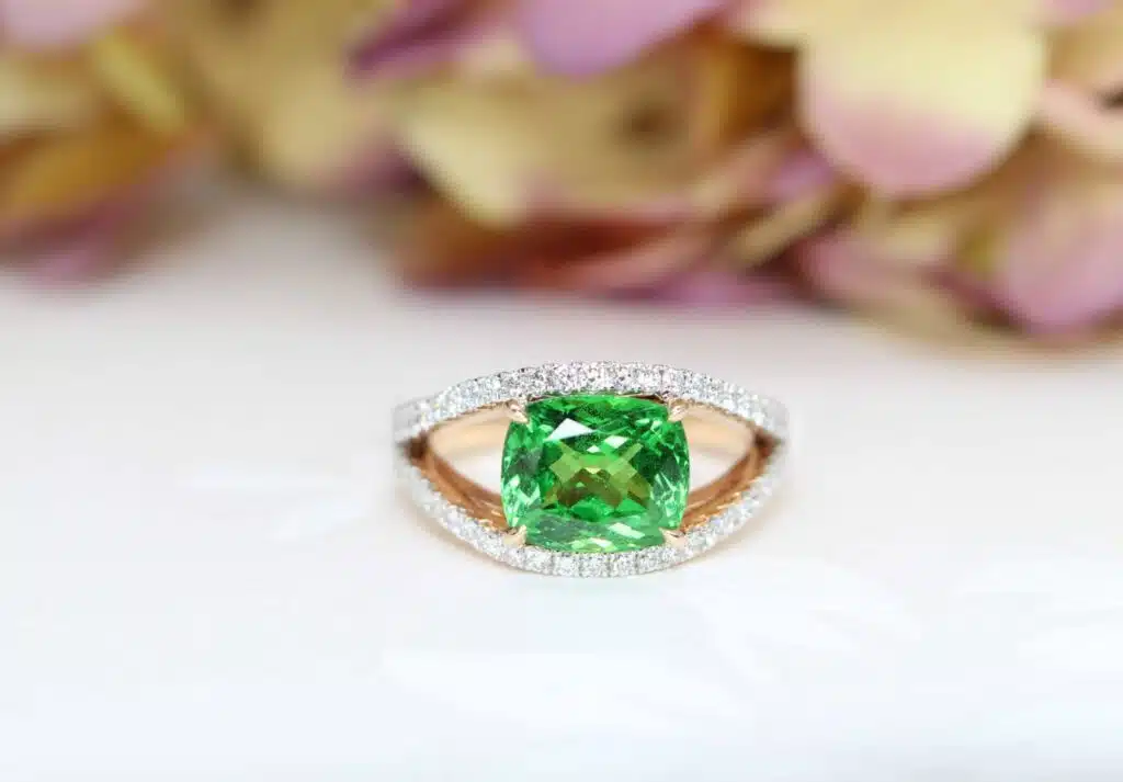 Tsavorite Garnet Gemstone Green coloured gem custom set with Diamond Ring in rose gold band Singapore Jeweller in bespoke fine jewellery with coloured gemstone at GIOIA Fine Jewellery