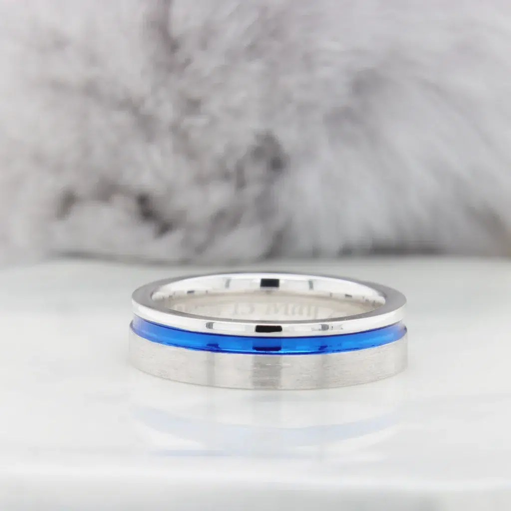 Unique Wedding Band with Blue Plating Groove in Platinum