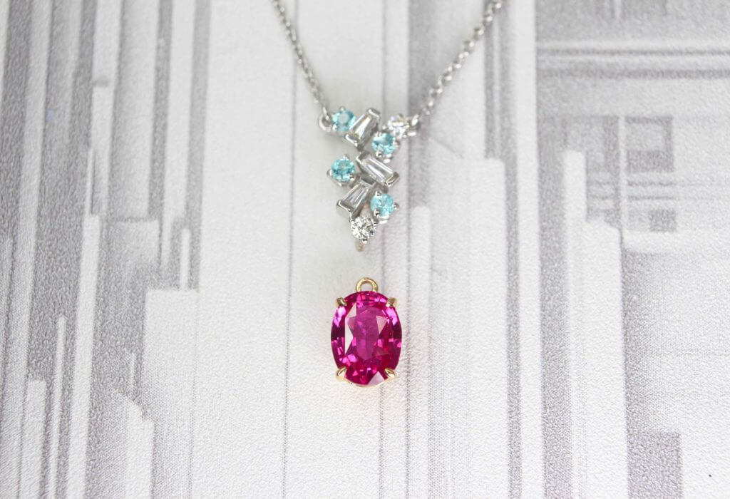 Ruby Pendant with Paraiba Diamond customised unique fine jewellery with ruby gemstone for pendant, earring, engagement ring for proposal | Local Singapore Customised Jeweller in fine jewellery with ruby and paraiba tourmaline gemstone 