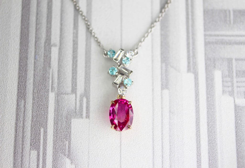Ruby Pendant with Paraiba Diamond customised unique fine jewellery with ruby gemstone for pendant, earring, engagement ring for proposal | Local Singapore Customised Jeweller in fine jewellery with ruby and paraiba tourmaline gemstone 