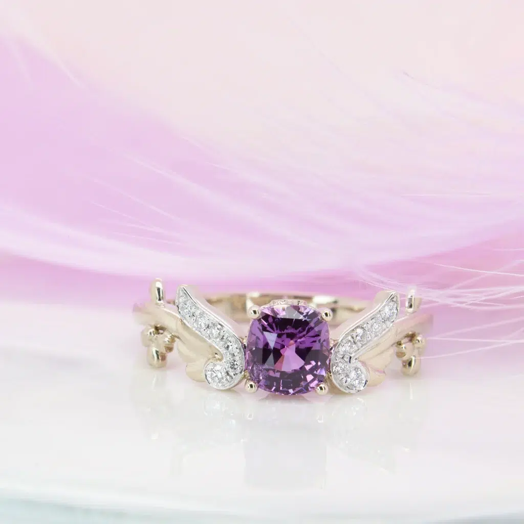 Violet Purple Sapphire Engagement Ring Japan anime wings with Sakura Inspiration Proposal Ring
