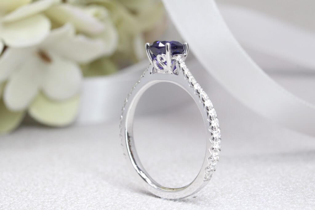 Colour Change Sapphire Engagement Ring, Changes colour from violet to blue unheat sapphire gemstone. Designed with round brilliance diamond | sapphire gemstone